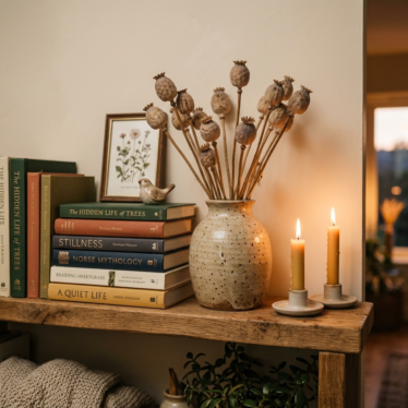 dry poppy seed pods styled in a ceramic vase on a decorative shelf.