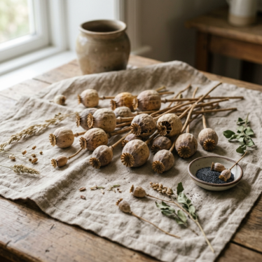 poppy seed pods drying on a linen cloth in a well-ventilated space.