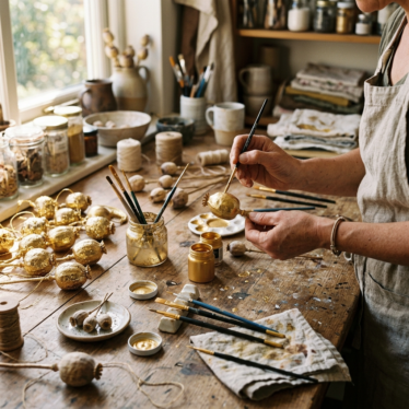 Craft project using dried poppy pods Australia — pods being painted gold on a craft table.