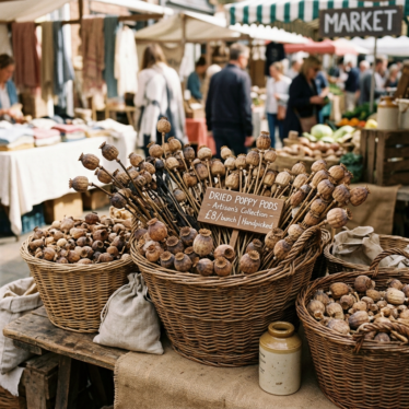 assortment of dry poppy seed pods displayed in baskets for sale.