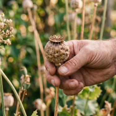 Mature poppy pod with a tan stem ready to harvest for drying