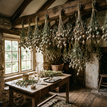 Bundles of poppy pods hanging upside down to dry indoors