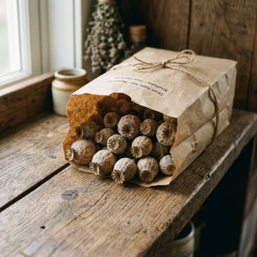 Dried poppy pod heads stored properly in a breathable container