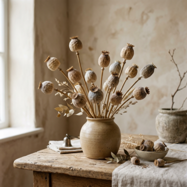Papaver poppy pods for floral arrangements in a decorative display