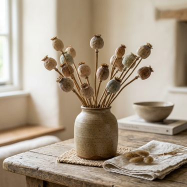 Eco-friendly dried poppy pods styled in a rustic ceramic vase for natural home decor