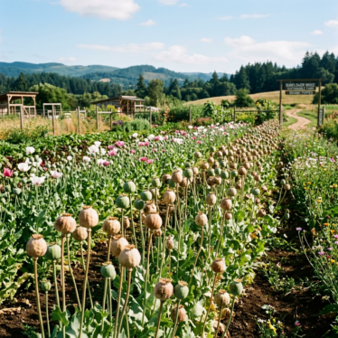 Organically grown poppy pods drying naturally on a sustainable farm