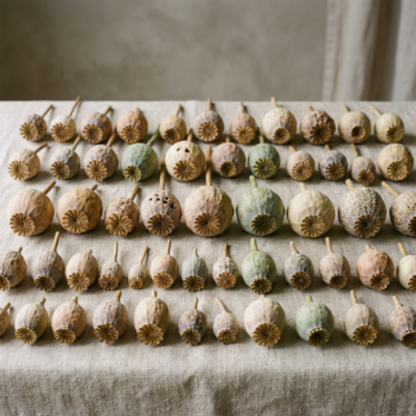 Different varieties of dried papaver pods and decorative poppy pod heads side by side