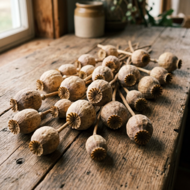 Premium dried poppy pods with intact crowns and natural tan tones arranged on a rustic wooden surface