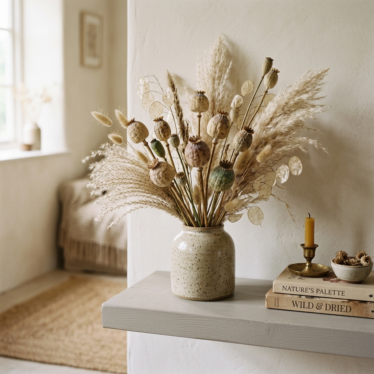 Decorative poppy pods styled with dried grasses on a neutral home shelf