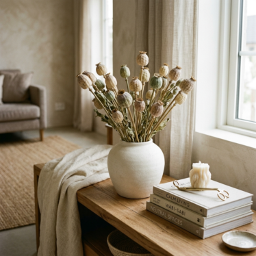 Premium eco-friendly poppy pods arranged with neutral home decor accents
