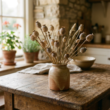 natural dried poppy pods arranged in a rustic vase on a wooden table