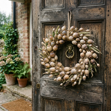 DIY dried poppy pod wreath hanging on a rustic front door