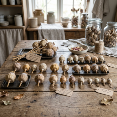 online shop display of various dried poppy pods for sale