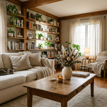 Natural home decor ideas featuring dried flowers and wooden accents in a cozy living room.
