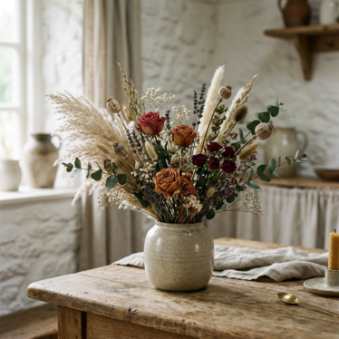 Dried botanical decor arrangement with pampas grass, wheat, and eucalyptus in a neutral vase.