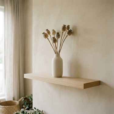 Poppy pod decor styled in a slim ceramic vase on a minimalist shelf.