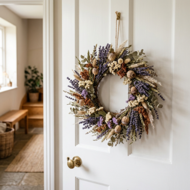 Dried flower arrangements formed into a wreath with poppy pods and lavender on a white door.
