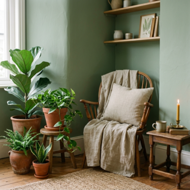 Earthy color palette with sage green walls, terracotta pots, and linen textiles for nature-inspired interiors.