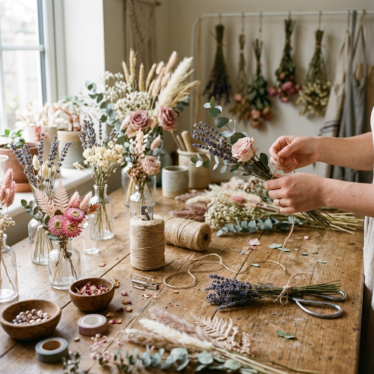DIY natural decor ideas with dried flowers, twine, and bud vases on a wooden table.