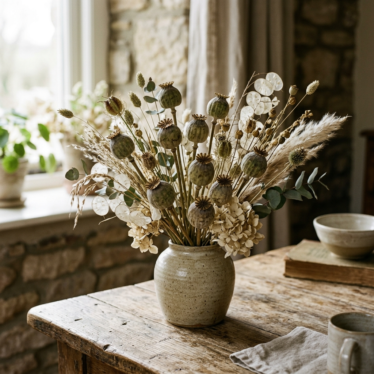Dried flowers for arrangements featuring decorative poppy pods in a modern vase.