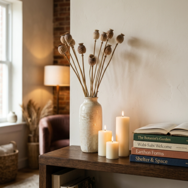 Decorative poppy pods styled on a modern shelf with warm neutral home decor accents.
