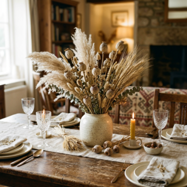 Poppy pod arrangements paired with pampas grass and wheat as a natural table centerpiece.