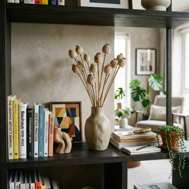Modern living room shelf styled with dried poppy pods in a ceramic vase