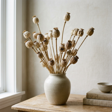 A cluster of tall dried papaver somniferum pods arranged in a ceramic vase against a soft neutral backdrop