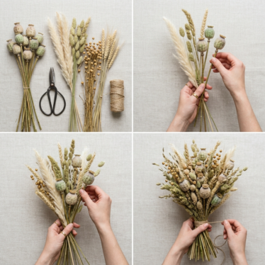 Step-by-step flat lay showing poppy pods, snips, and dried grasses being arranged into a bouquet