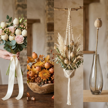 Four styled poppy pod arrangements shown side by side — a wedding bouquet, an autumn centerpiece, a boho hanging display, and a minimalist single-vase design