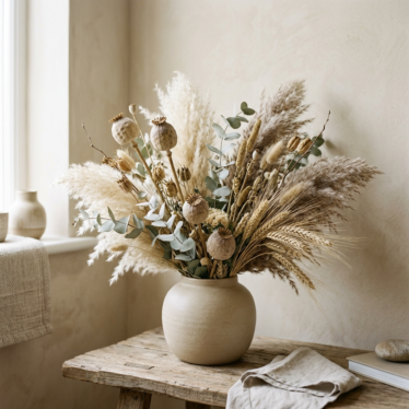 A styled arrangement pairing poppy pods with pampas grass, eucalyptus, and wheat in a neutral palette