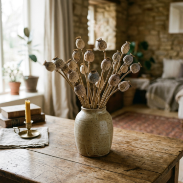 Rustic dried poppy pods displayed in a neutral ceramic vase for farmhouse home decor.