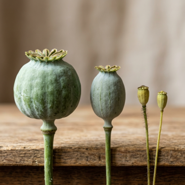 Comparison of Papaver somniferum, Austrian, and ornamental rustic dried poppy pods by size.