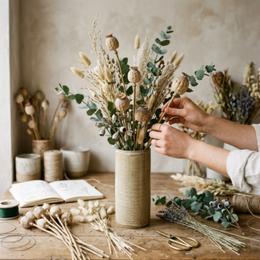 Person arranging dried poppy pods, eucalyptus, and dried grasses in a tall ceramic vase for a natural dried floral arrangement
