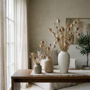 Rustic dried poppy pods displayed in three ceramic vases of varying heights for farmhouse decor.