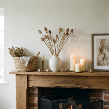 Rustic dried poppy pods styled on a farmhouse mantel with candles and a woven basket.