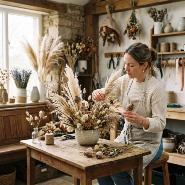 Florist creating a rustic floral arrangement with dried poppy pods and pampas grass.