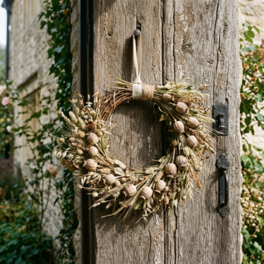 Rustic dried poppy pods wreath with dried grasses hanging on a wooden front door.