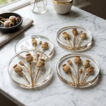 Handmade resin coasters featuring embedded rustic dried poppy pods on a marble surface.