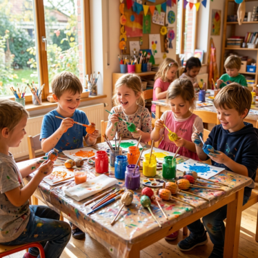 Children painting rustic dried poppy pods at a classroom craft table with colorful paint.