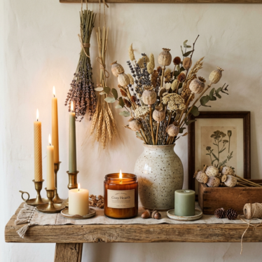 Finished rustic home display with dried poppy pods, candles, and dried florals on a wooden shelf.