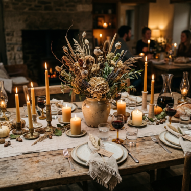 Finished rustic tablescape decorated with dried poppy pods, candles, and dried florals