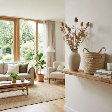 Sustainable dried poppy pods styled in a modern eco-friendly living room.